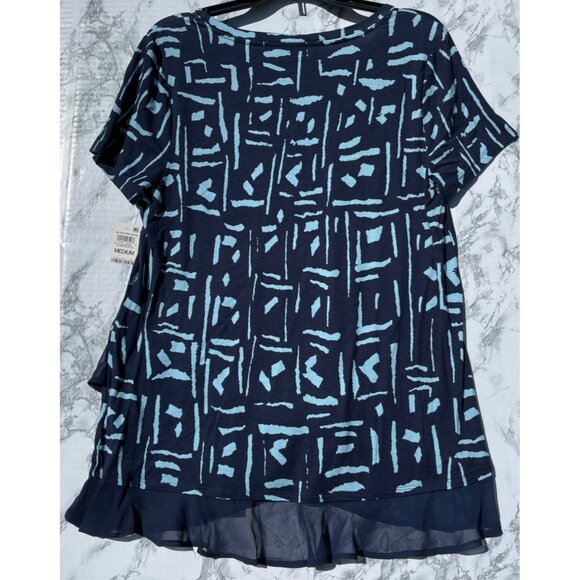 JM Collection Navy & Aqua Geometric Print Top With Sheer Ruffle Hem V-Neck - Picture 2 of 5